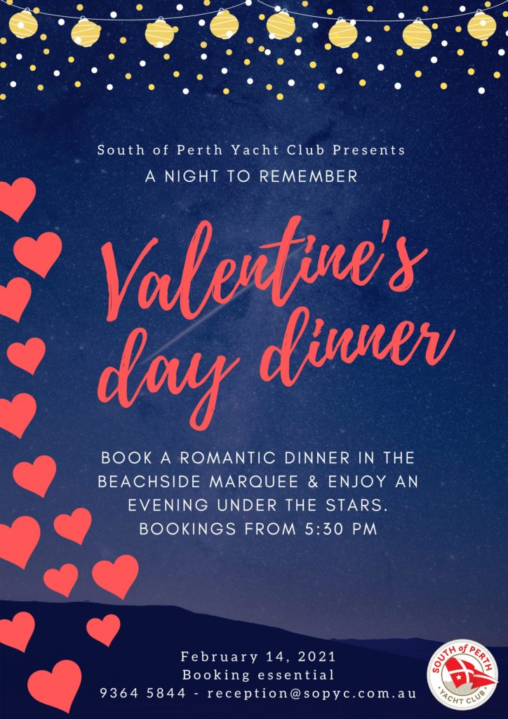 Valentine's Day Dinner - Booking essential 364 5844 or email reception@sopyc.com.au